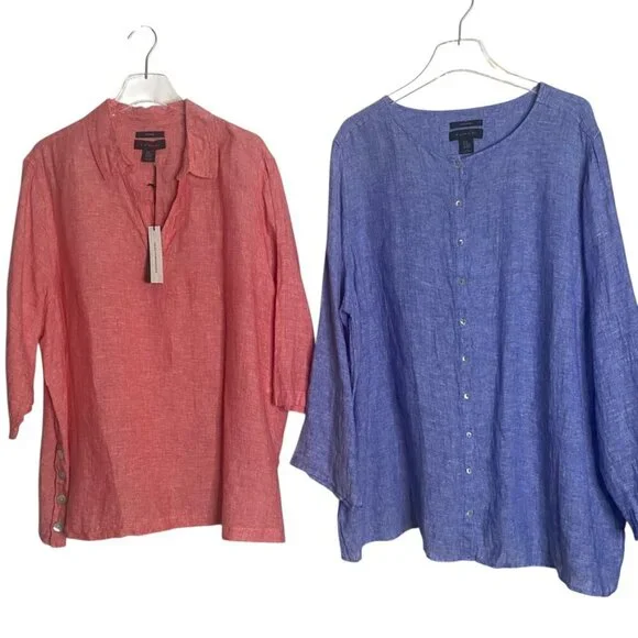 (2) Tahari linen tunic tops blouse 3X blue/peach women's NEW - Picture 2 of 16